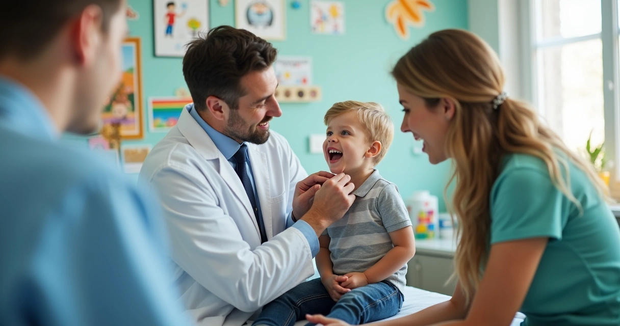 Menino em consulta pediátrica com médico, ambos sentados em ambiente acolhedor