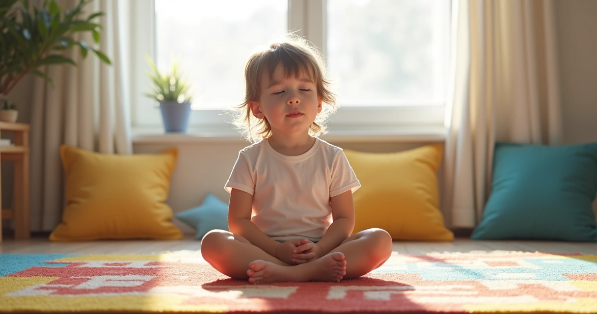 Criança sentada em tapete colorido praticando meditação
