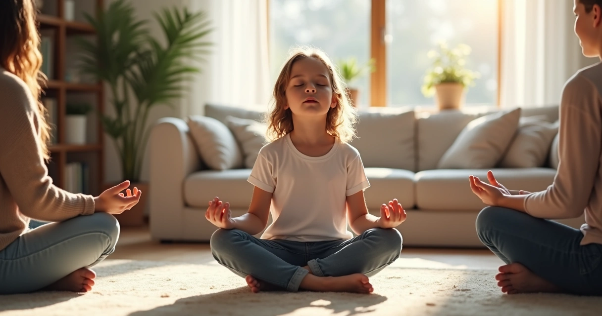 Criança sentada em posição de meditação em sala de estar com a família