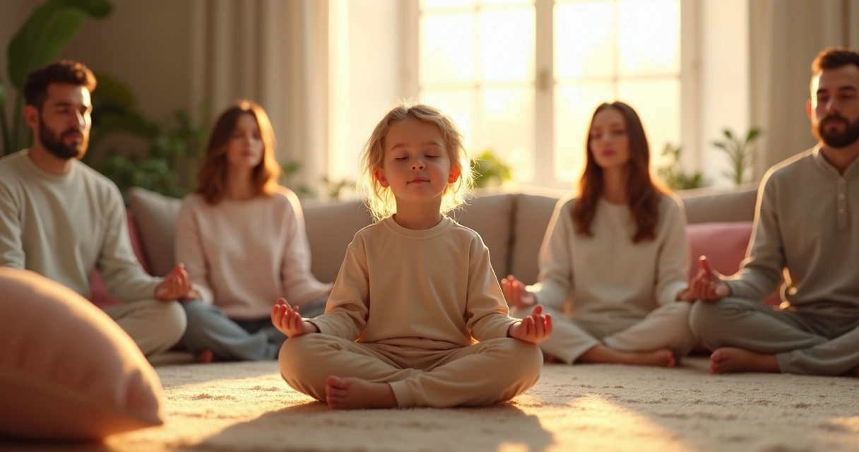 Criança sentada de pernas cruzadas, com olhos fechados, junto a familiares também sentados ao redor, todos em silêncio 