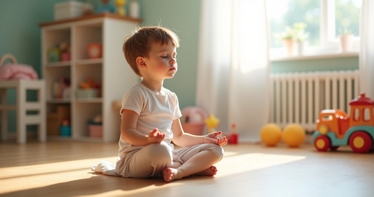 Criança sentada, olhos fechados em meditação no chão de um quarto bem iluminado. 