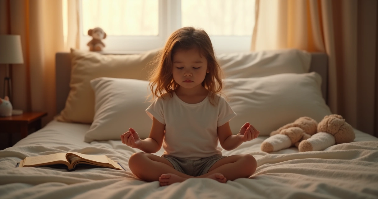 Criança sentada na cama, de olhos fechados, em posição de meditação, com brinquedos ao redor e quarto com luz suave 