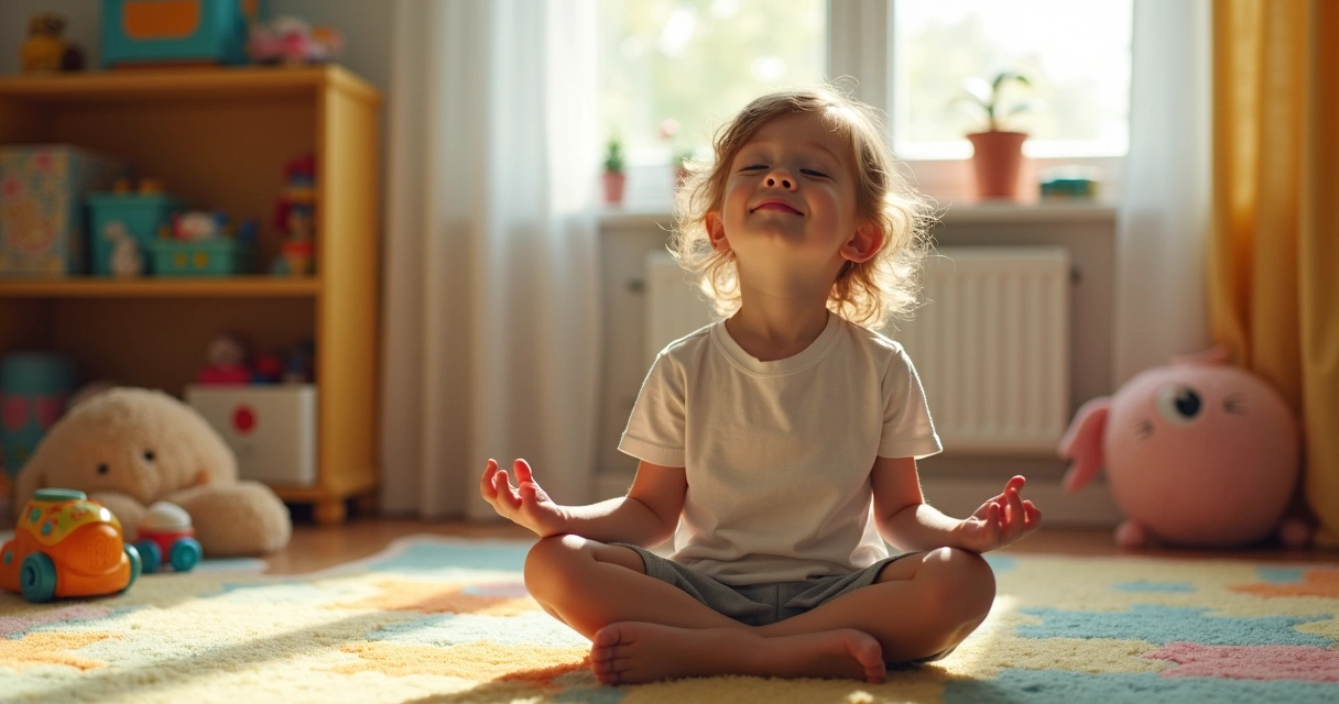 Criança sentada de pernas cruzadas meditando em seu quarto 