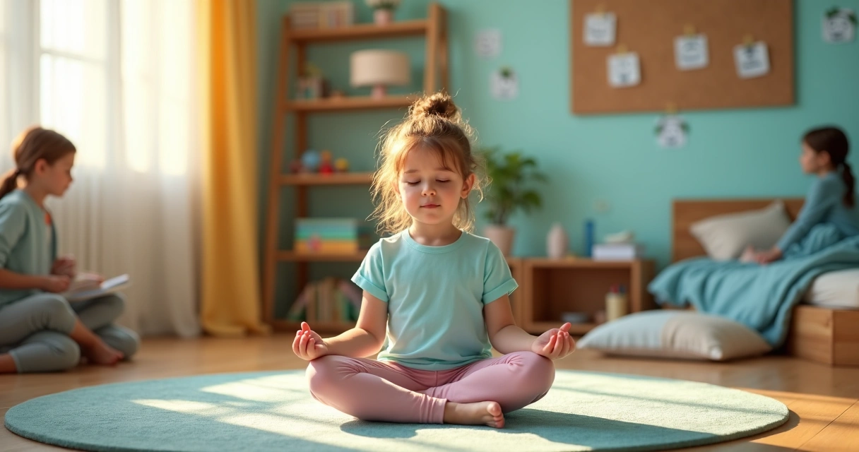 Menina sentada em posição de meditação em quarto colorido, praticando atenção plena 