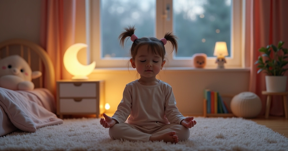 Criança sentada em posição de meditação em quarto tranquilo e iluminado suavemente 
