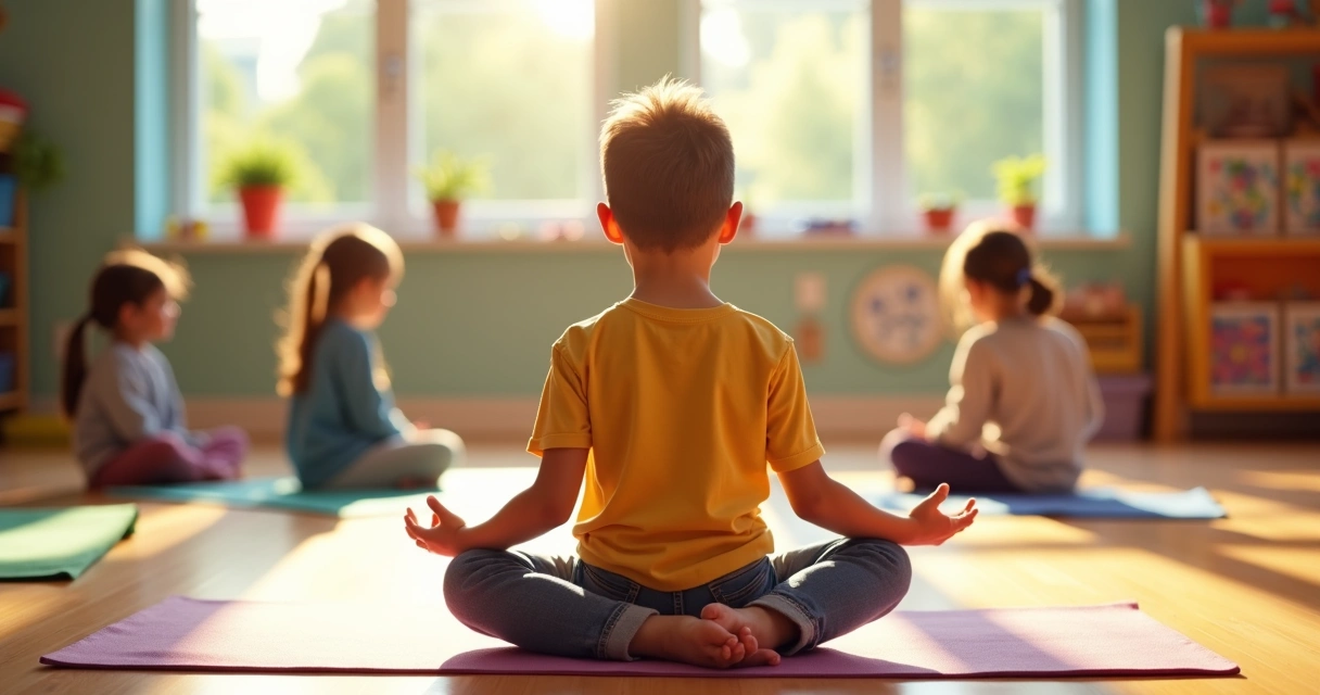 Criança sentada em posição de meditação em uma sala de aula colorida 