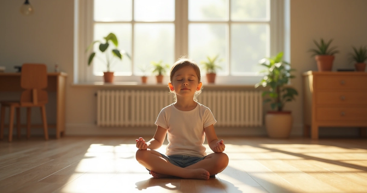 Criança pequena sentada no chão, meditando com olhos fechados em sala vazia 