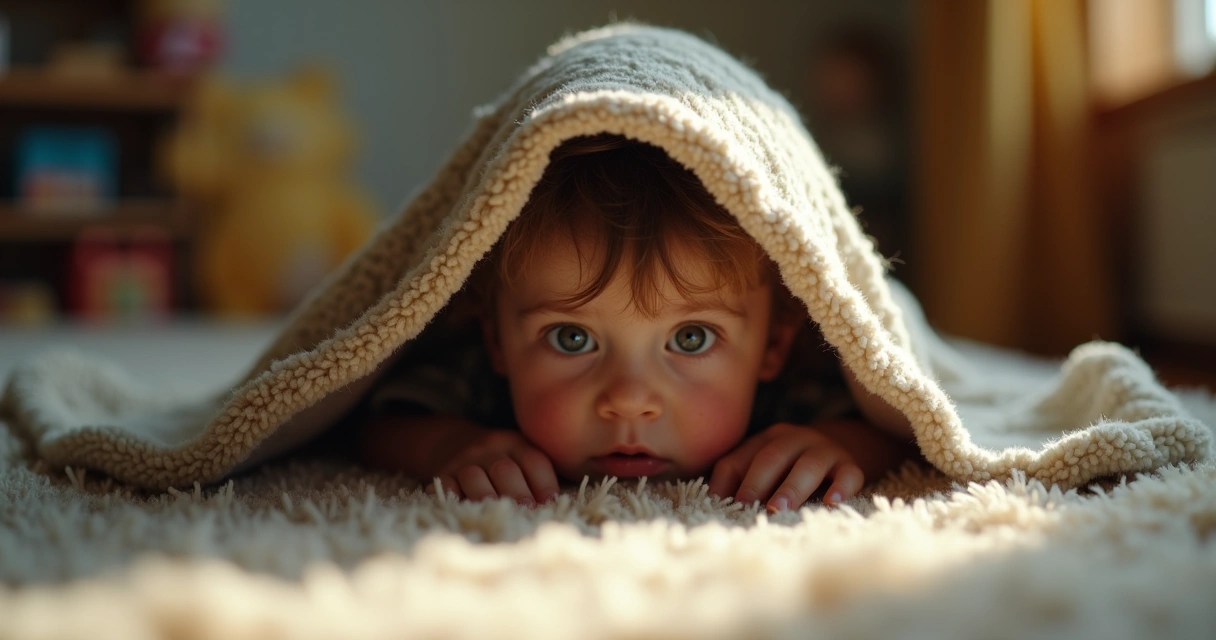 Criança olhando por cima do cobertor, rosto parcialmente coberto, olhos arregalados 
