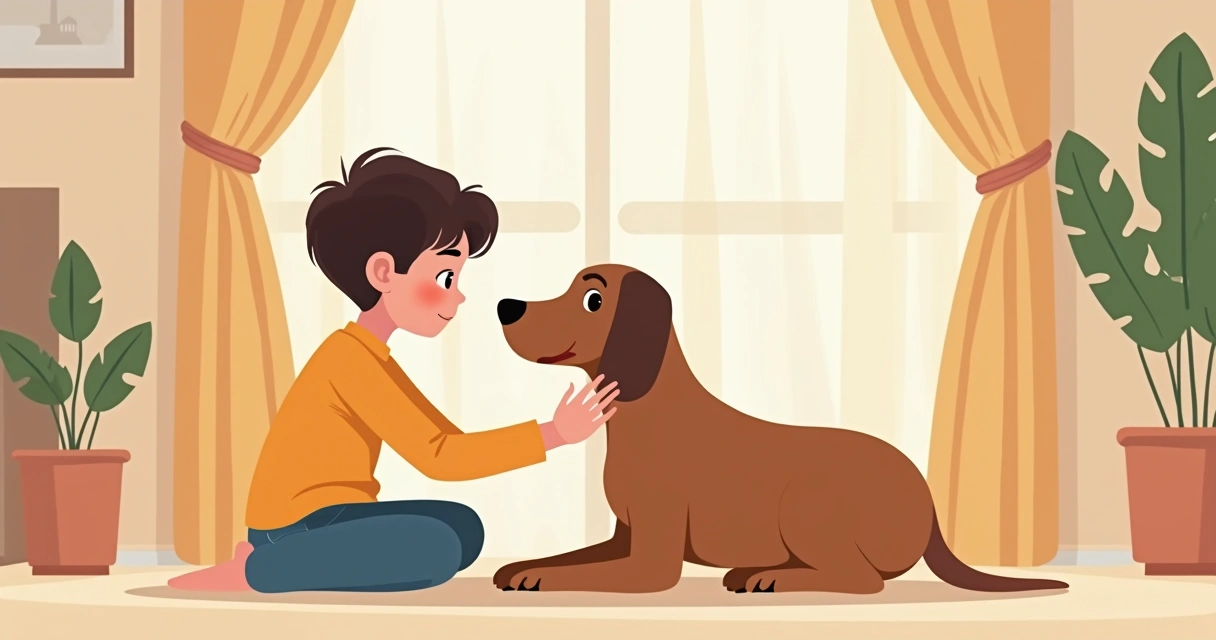 Criança autista sentada no chão acariciando um cachorro, ambos calmos em uma sala de estar 