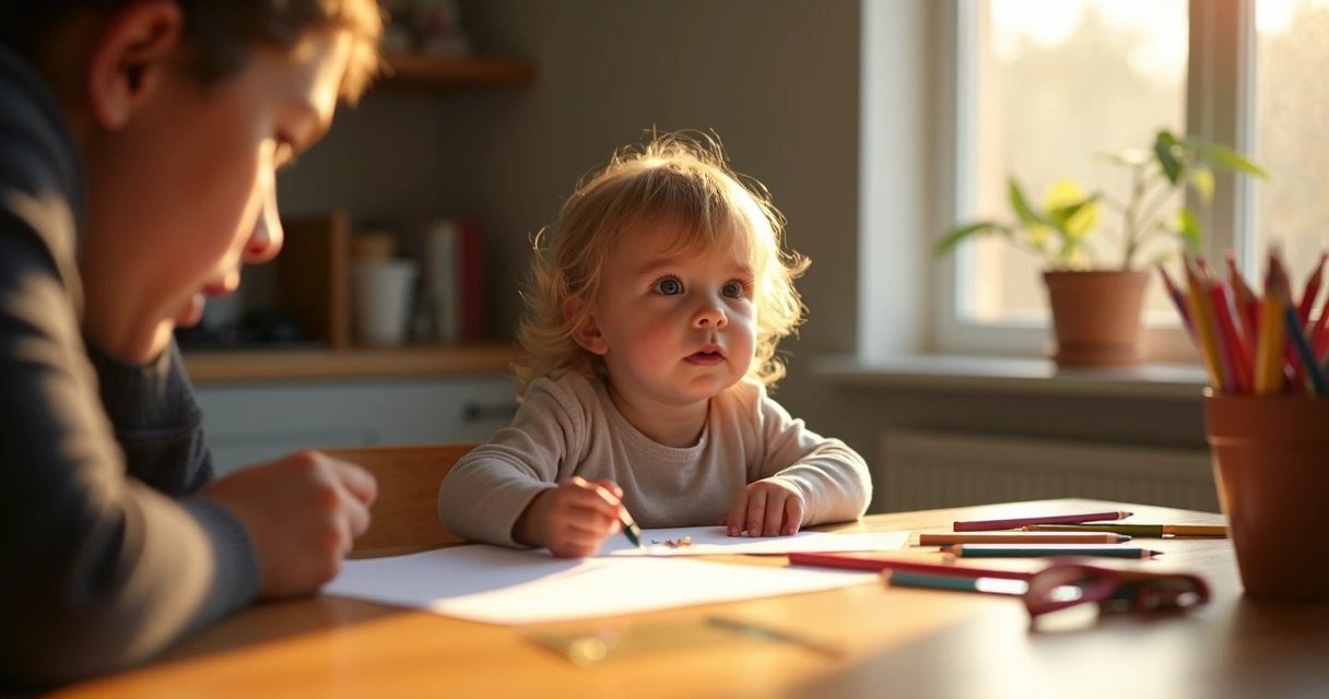 Criança com lápis quebrado nas mãos e olhar apreensivo ao lado de um adulto 
