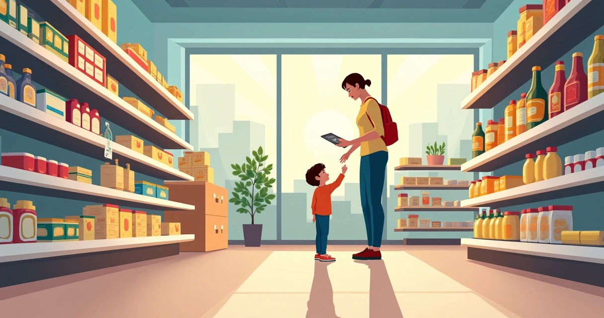 Criança com acompanhante em corredor de mercado, escolhendo produtos com calma 