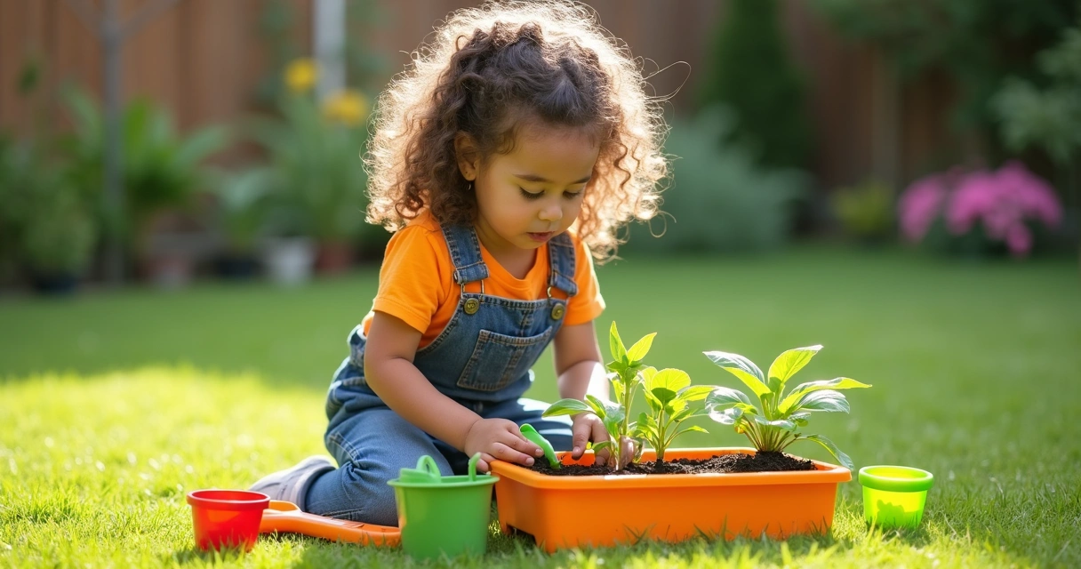 Menina mexendo em mini horta com ferramentas de jardinagem infantil