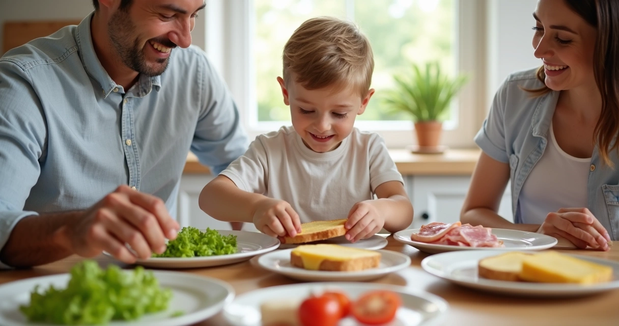 Menino montando sanduíche ao lado dos pais na cozinha 