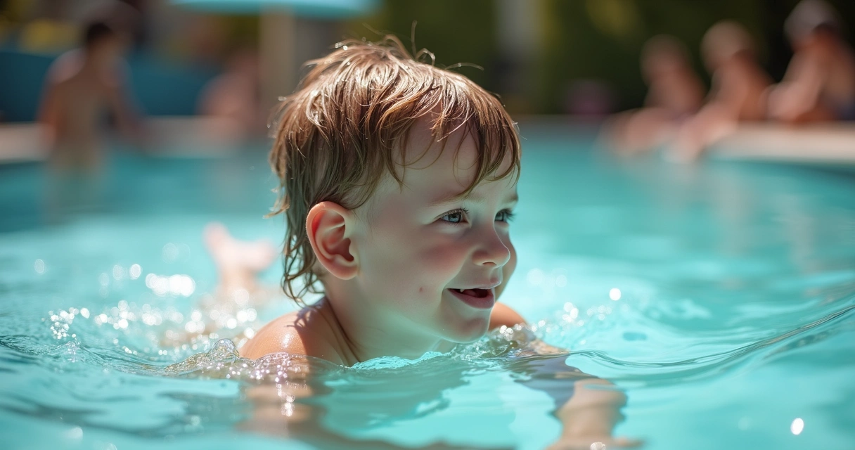 Criança nadando com a orelha exposta ao lado da piscina 
