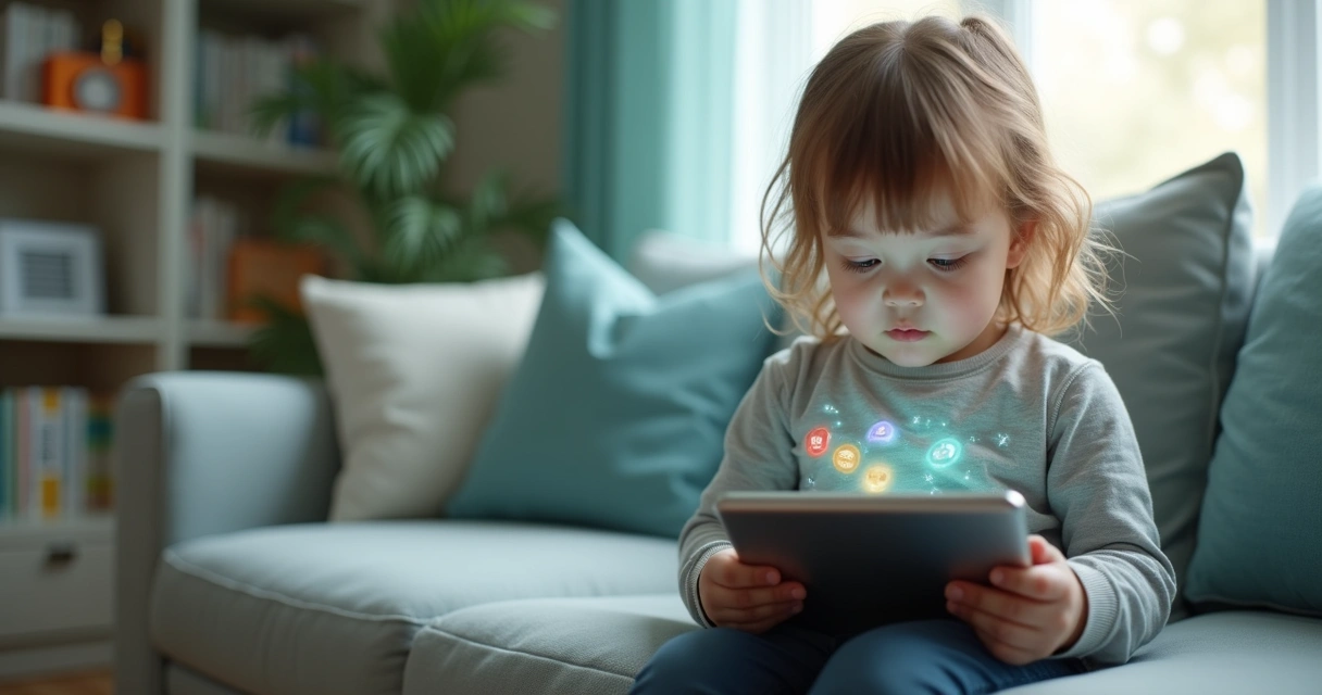 Criança usando tablet em ambiente interno 