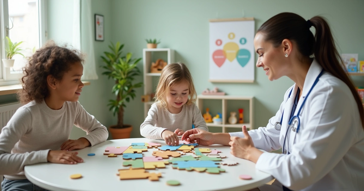 Criança com autismo em consulta com neurologista infantil montando quebra-cabeça colorido 