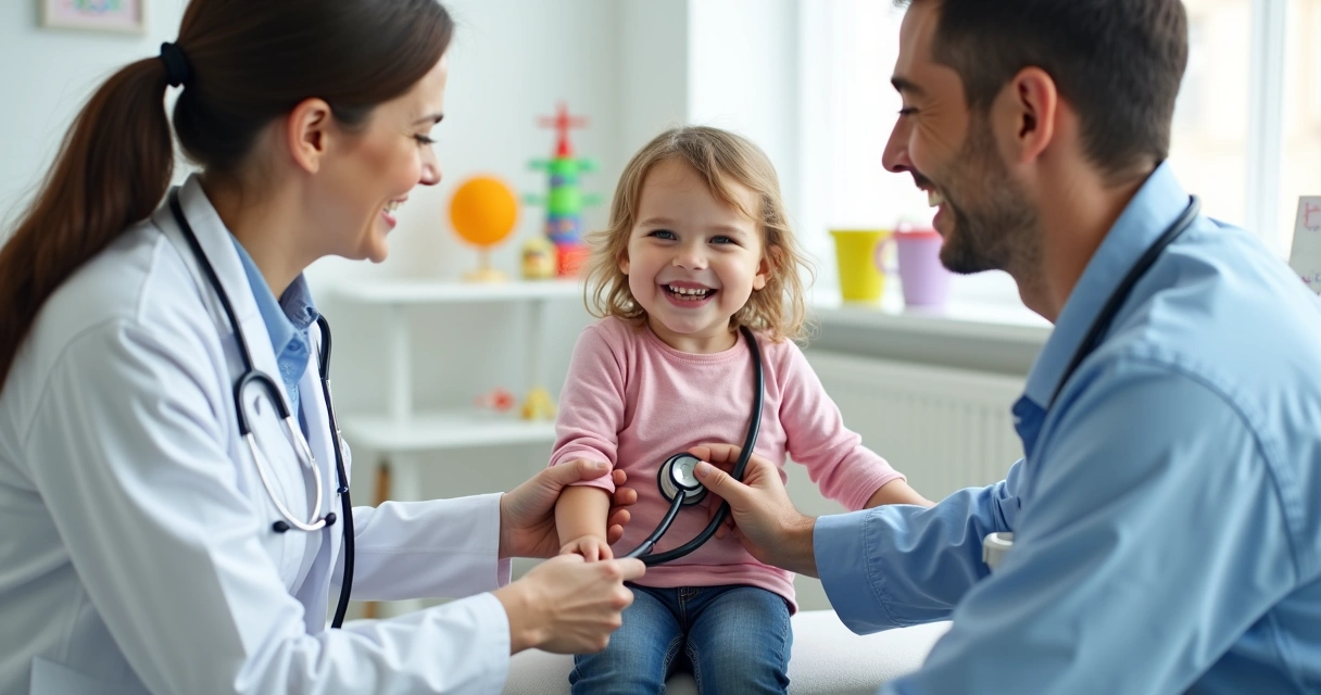 Criança em consulta médica sorrindo com pediatra 