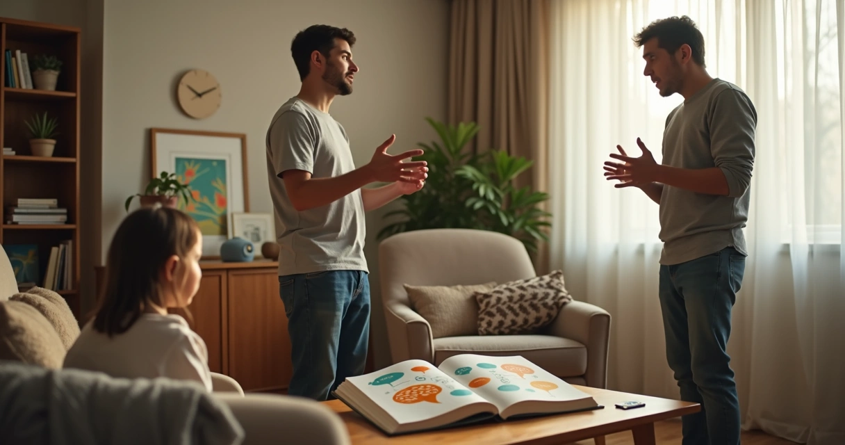 Criança observando adulto transmitir emoção em conversa com outra pessoa 