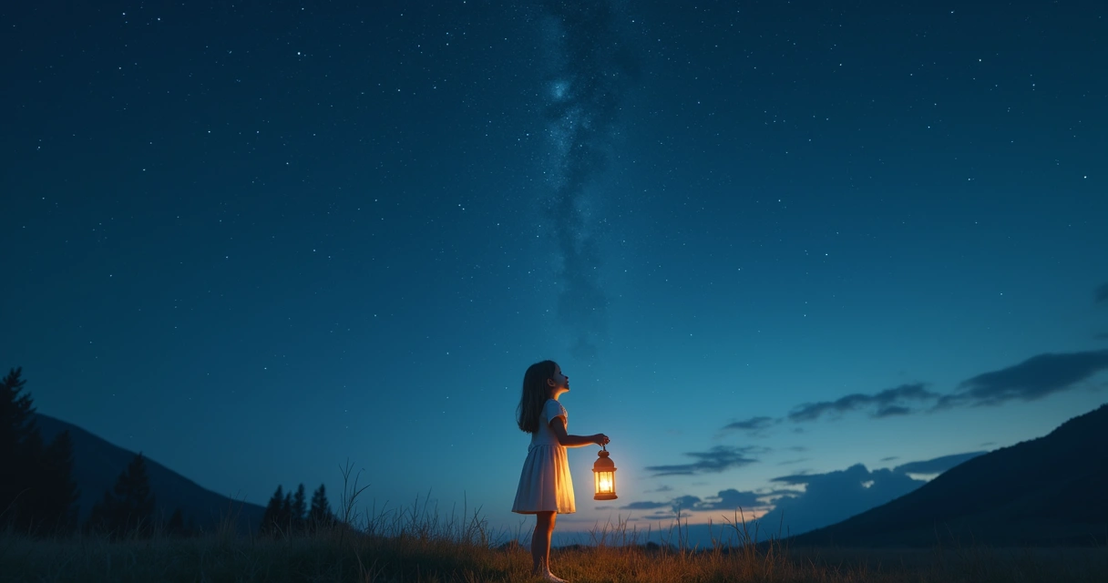 Criança olhando para o céu estrelado à noite 