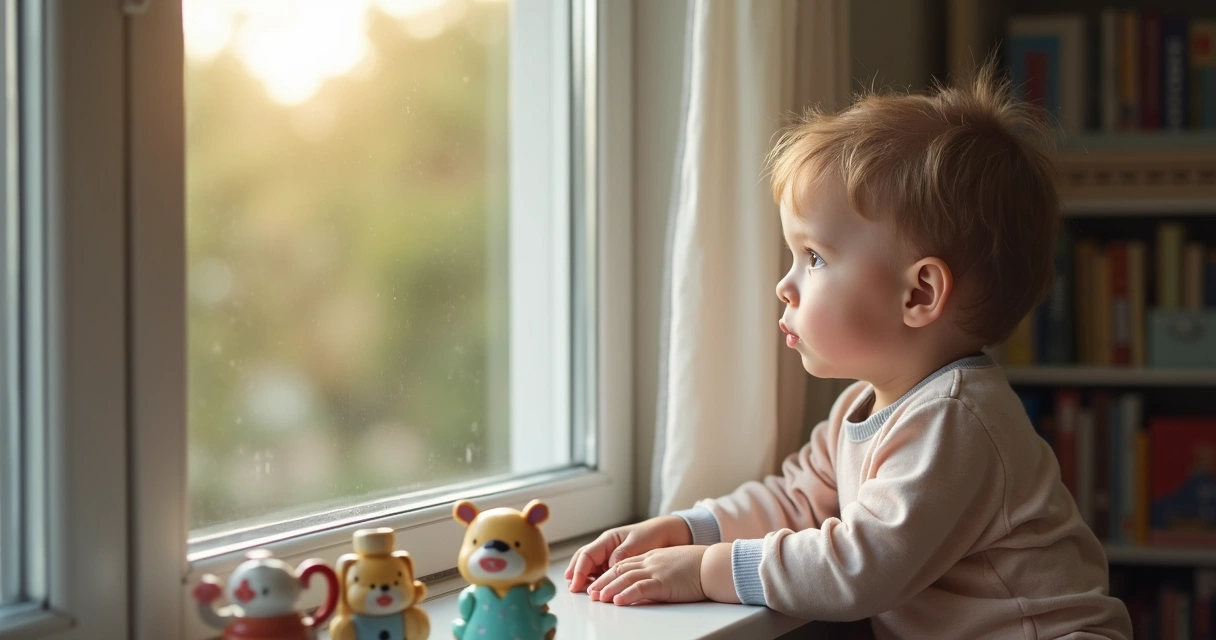 Criança sentada perto de uma janela olhando pensativa