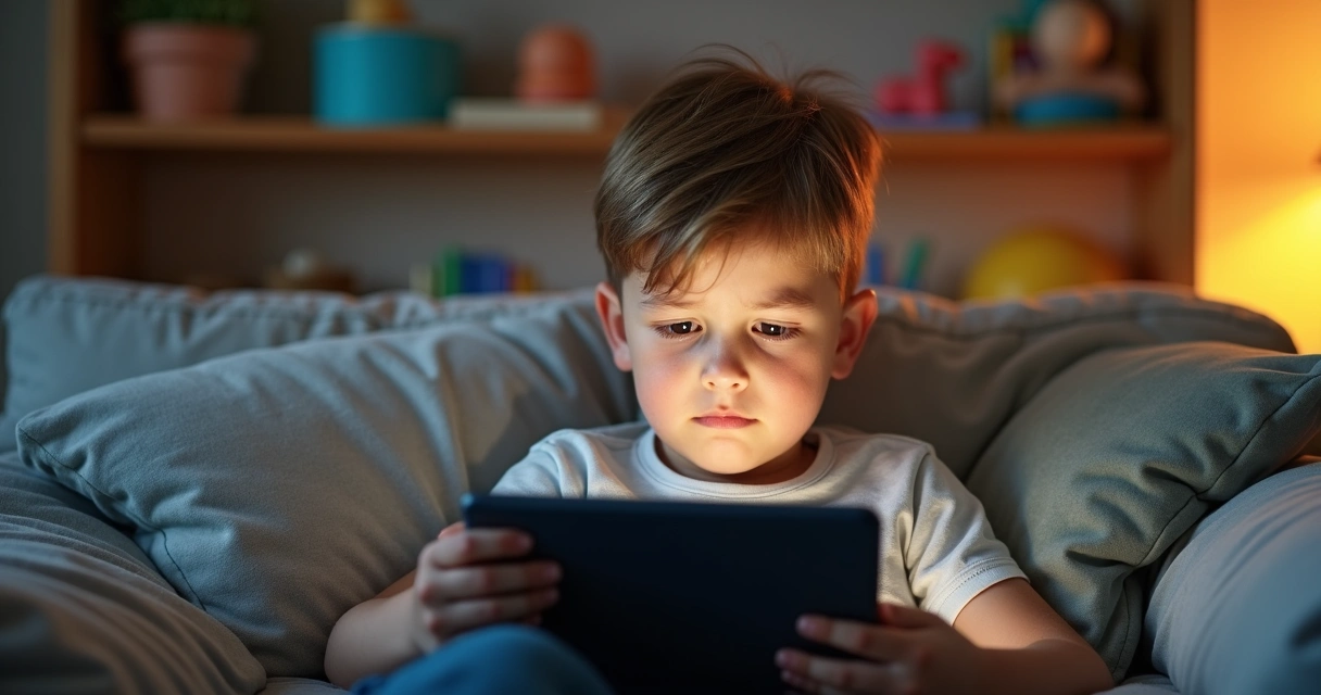 Criança olhando para a tela de um tablet em ambiente fechado 