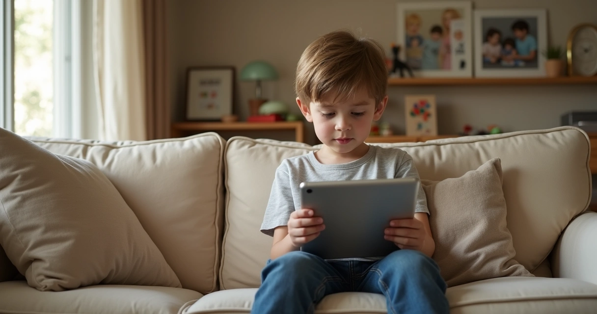 Menino pequeno sentado em sofá olhando fixamente para um tablet nas mãos, sala iluminada moderadamente 