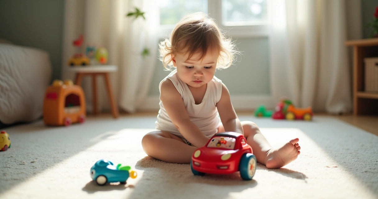 Criança pequena olhando fixamente para brinquedos, com expressão distante 