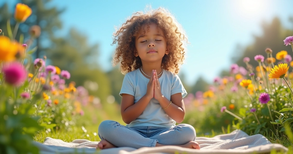 Menina orando ao ar livre próxima a flores e céu azul de manhã 