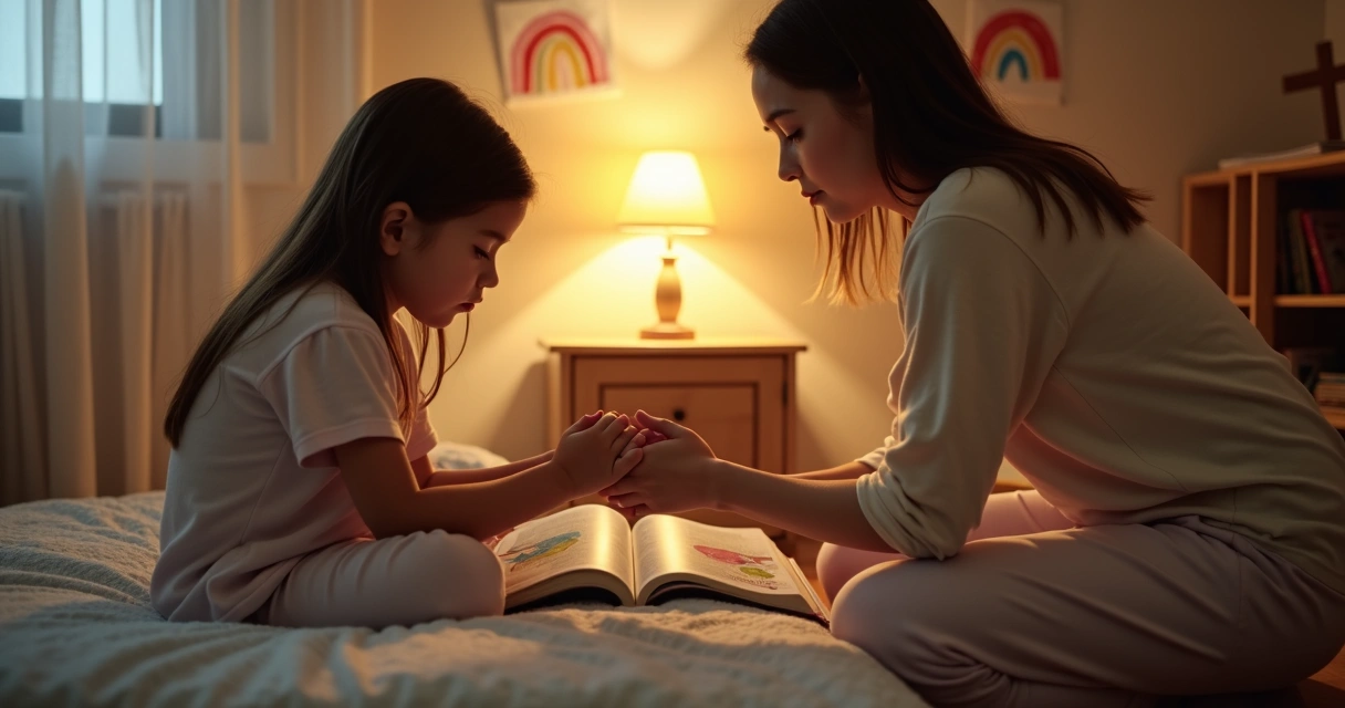 Menina ajoelhada orando ao lado da cama com a mãe segurando sua mão 