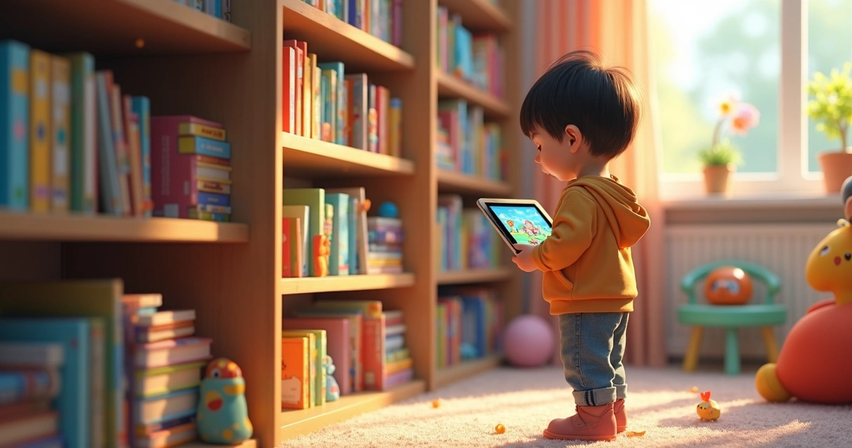 Criança organizando livros na estante enquanto segura um tablet 