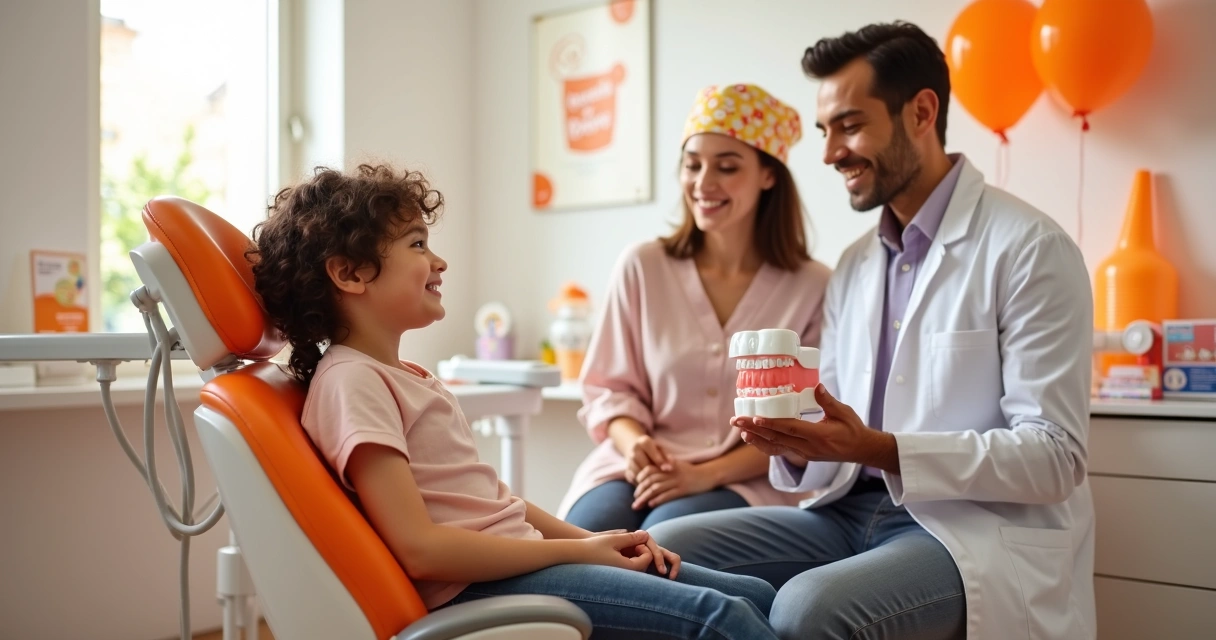 Criança em consultório odontológico infantil sorrindo com aparelho ortodôntico prevenção 