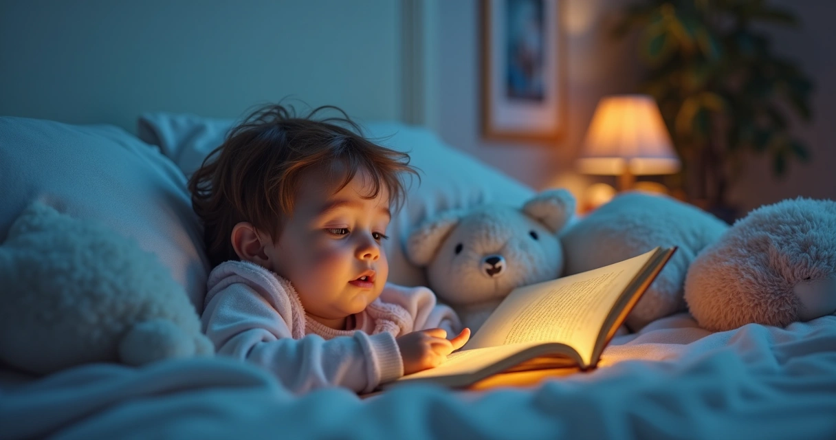 Criança deitada em sua cama ouvindo uma história narrada, ambiente acolhedor e luz suave 