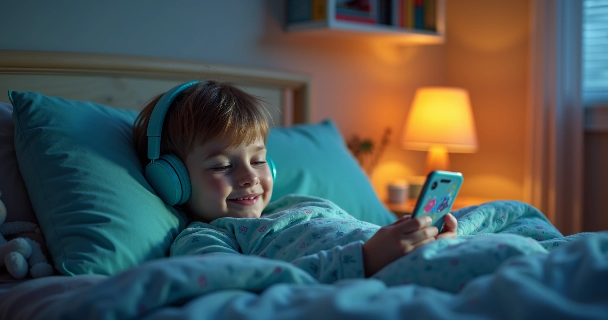 Criança deitada na cama com fones ouvindo história narrada pelo app 