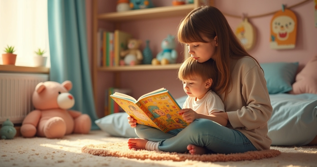 Criança sentada ouvindo história contada por adulto em quarto infantil