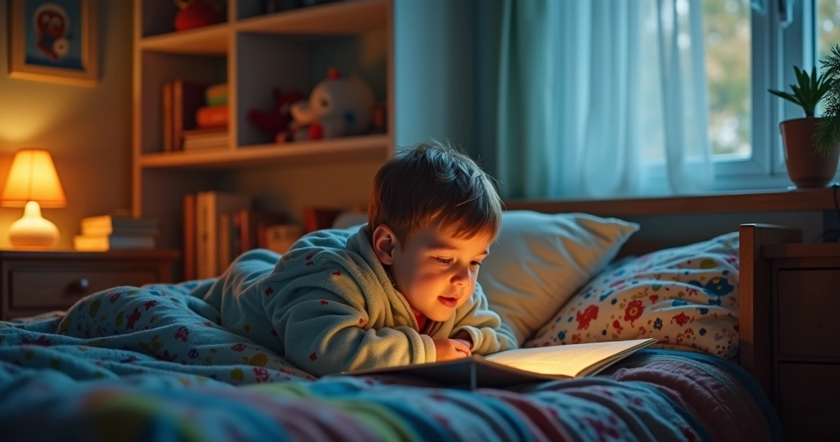 Criança sorridente ouvindo repetidamente um livro de histórias na cama 
