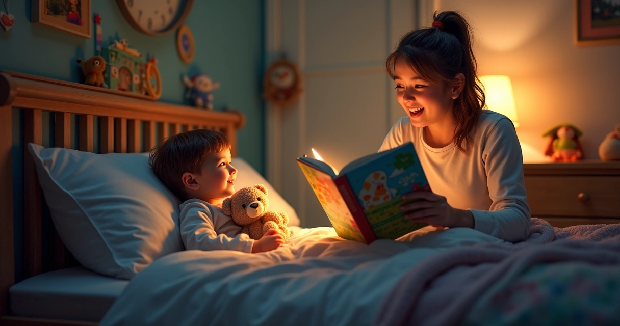 Criança deitada ouvindo histórias na cama 