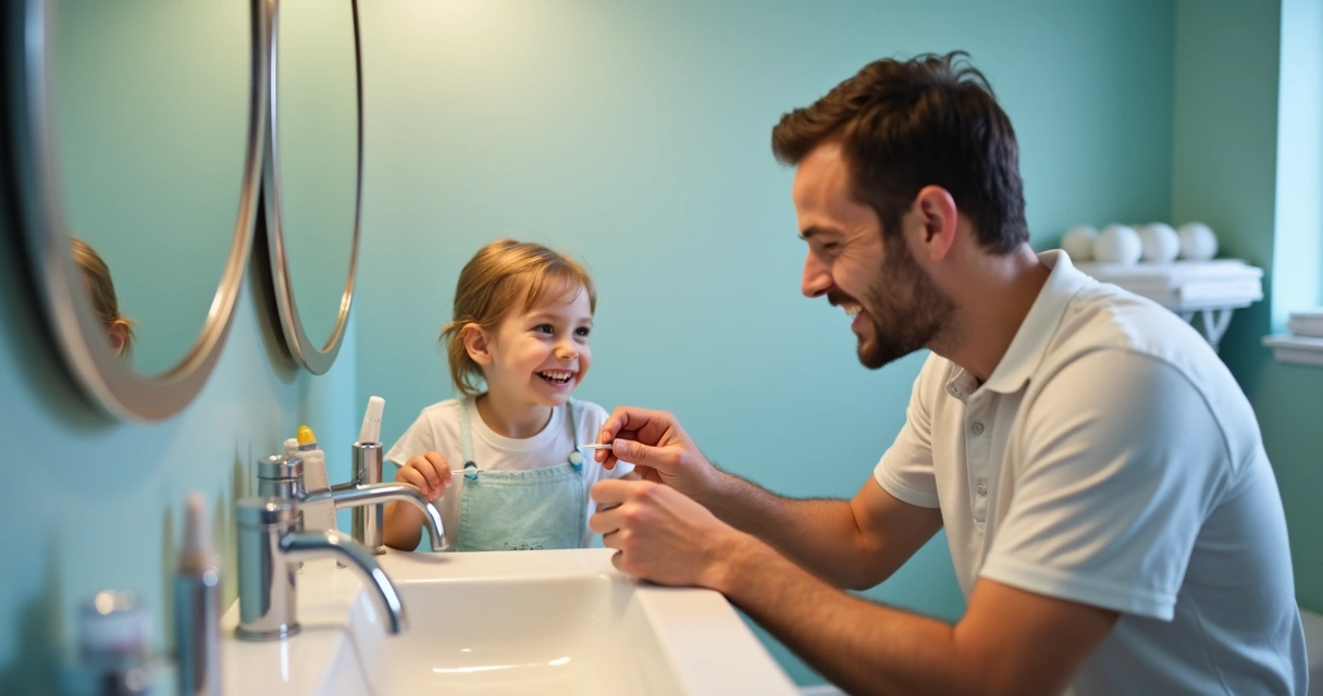 Homem ensina criança a usar fio dental 