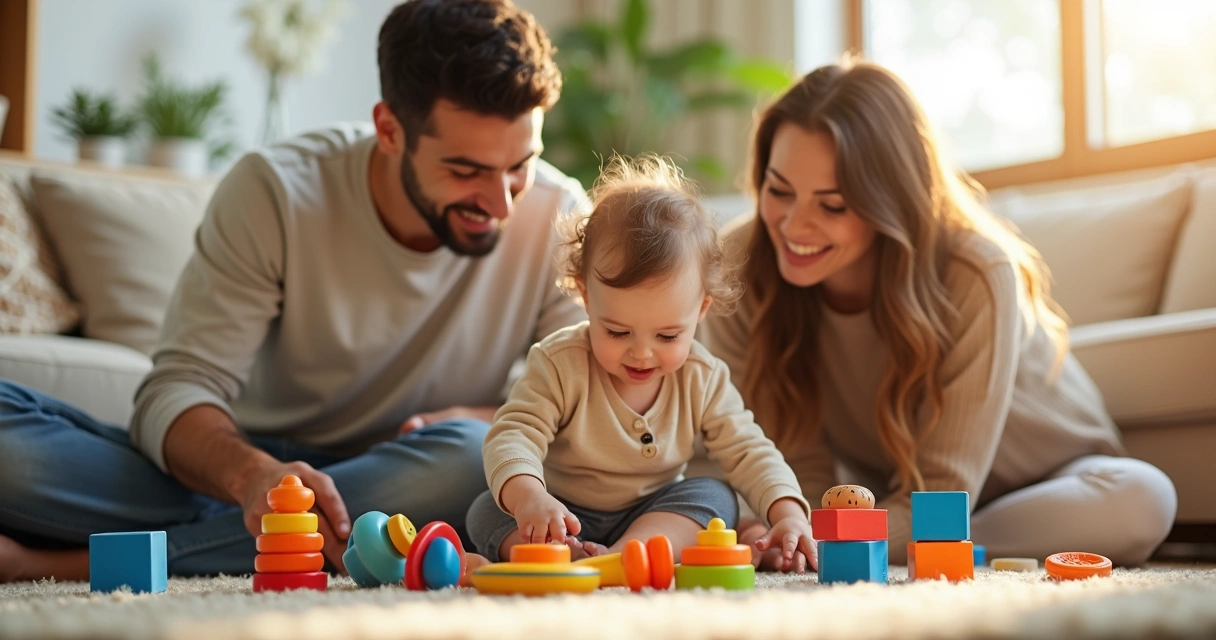 Pais brincando com filho pequeno usando brinquedos sensoriais coloridos em sala iluminada 