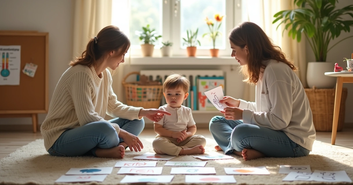 Criança sentada no chão com os pais usando cartas coloridas de emoções 