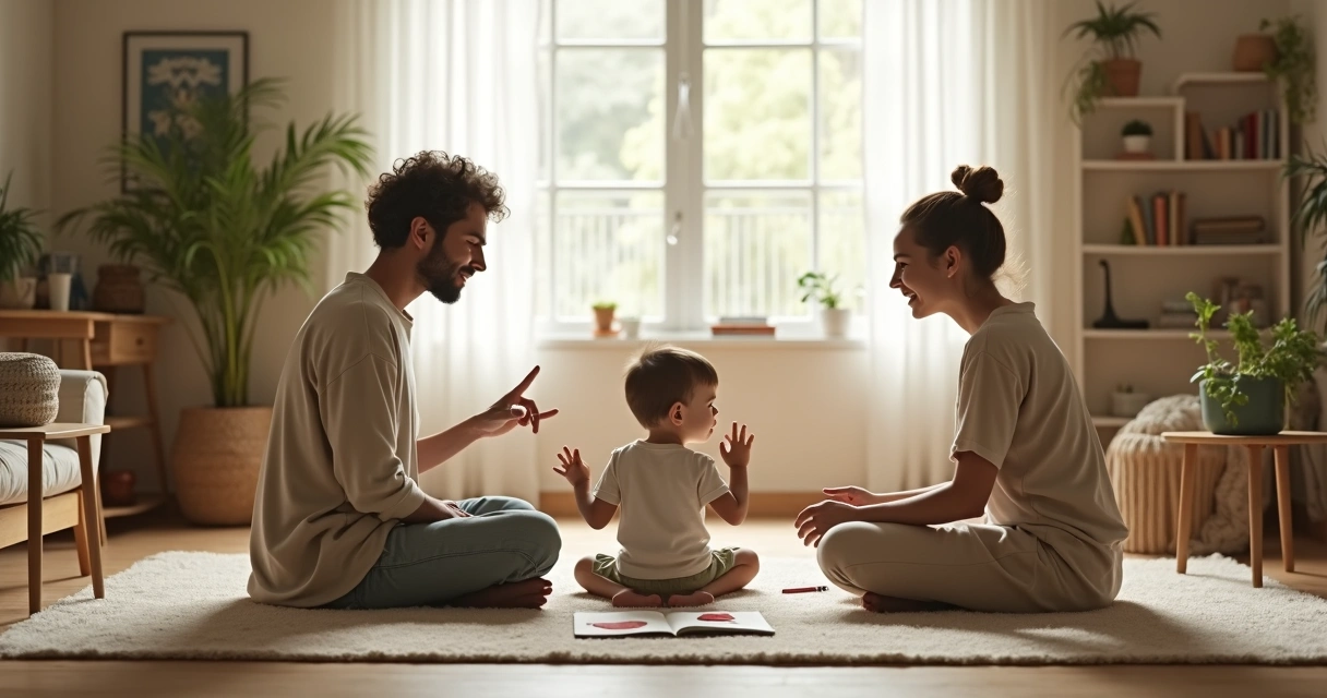 Pais sentados no chão conversando com criança pequena em ambiente calmo de estudo 