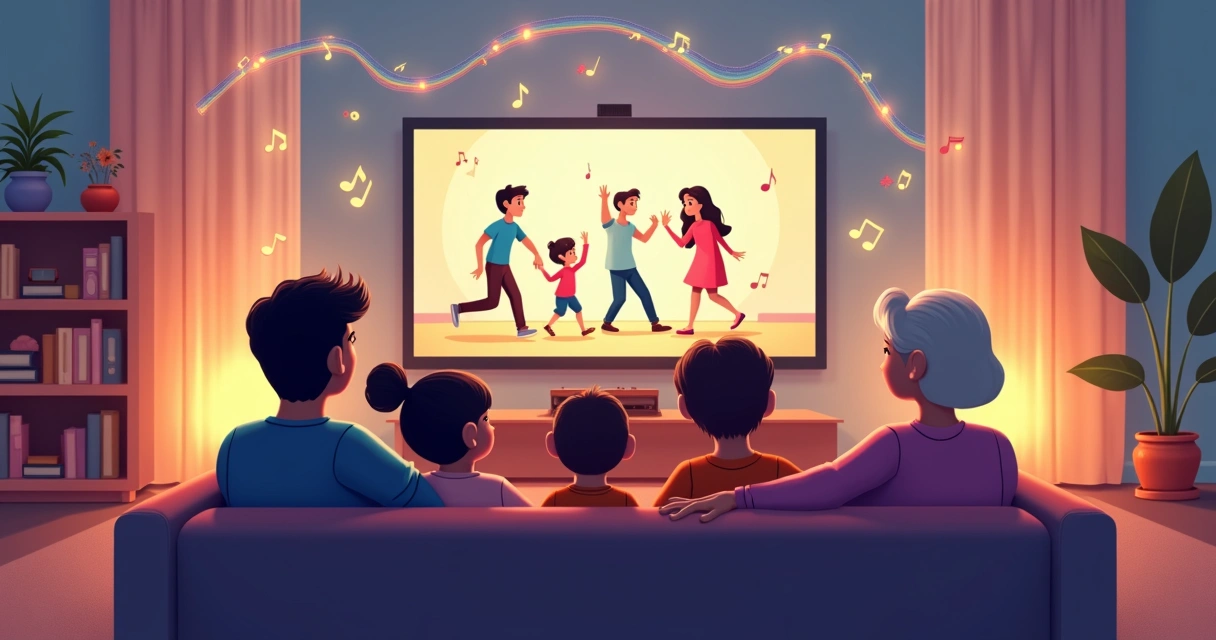 Família reunida assistindo desenho animado com notas musicais ao redor 
