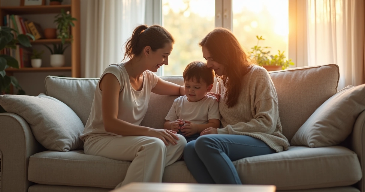 Pais acolhendo criança que expressa vulnerabilidade no sofá de casa 