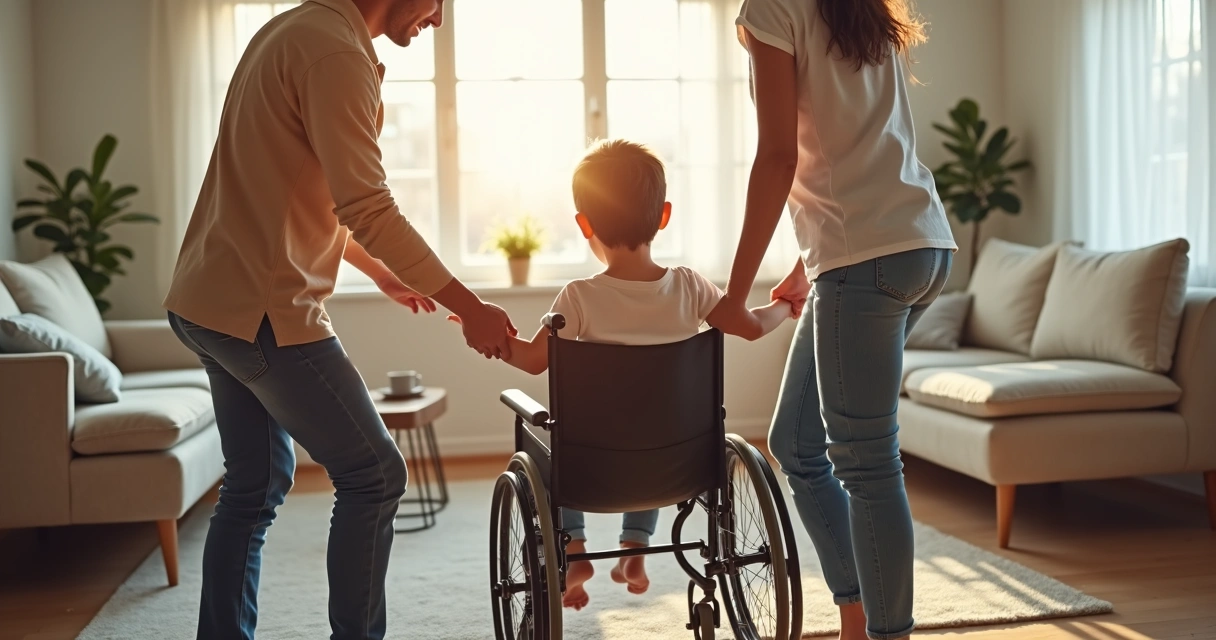 Criança com paralisia cerebral sendo apoiada pela família com expressão de cuidado 