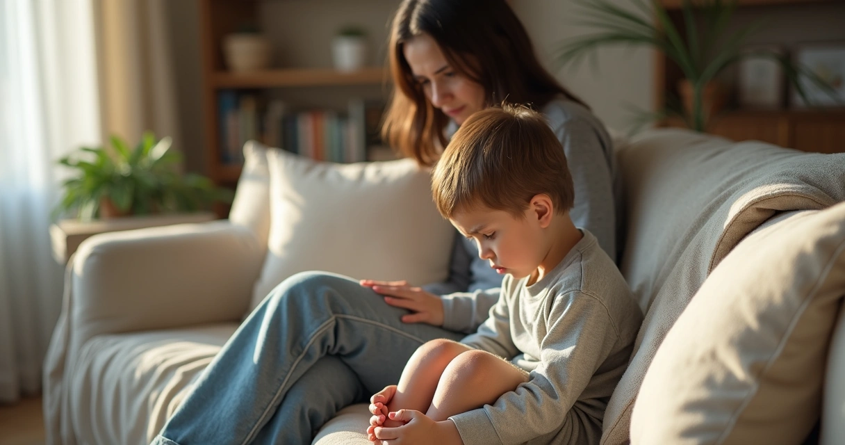 Criança pensativa sentada no sofá ao lado de adulto acolhedor 