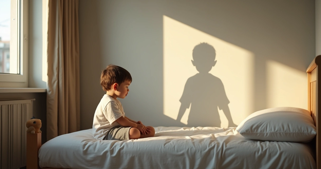 Criança pensativa observando sombra de adulto na parede 