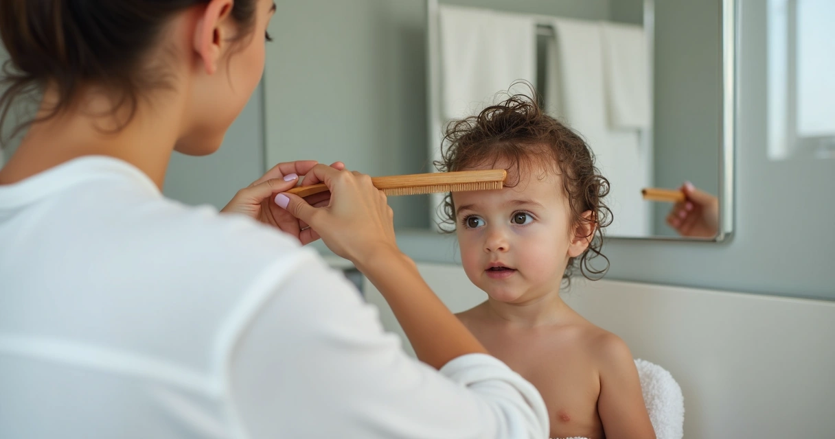 Criança penteando cabelo com pente fino 