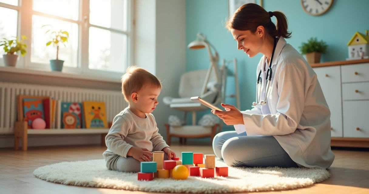 Neuropediatra observando criança pequena brincando com blocos coloridos 