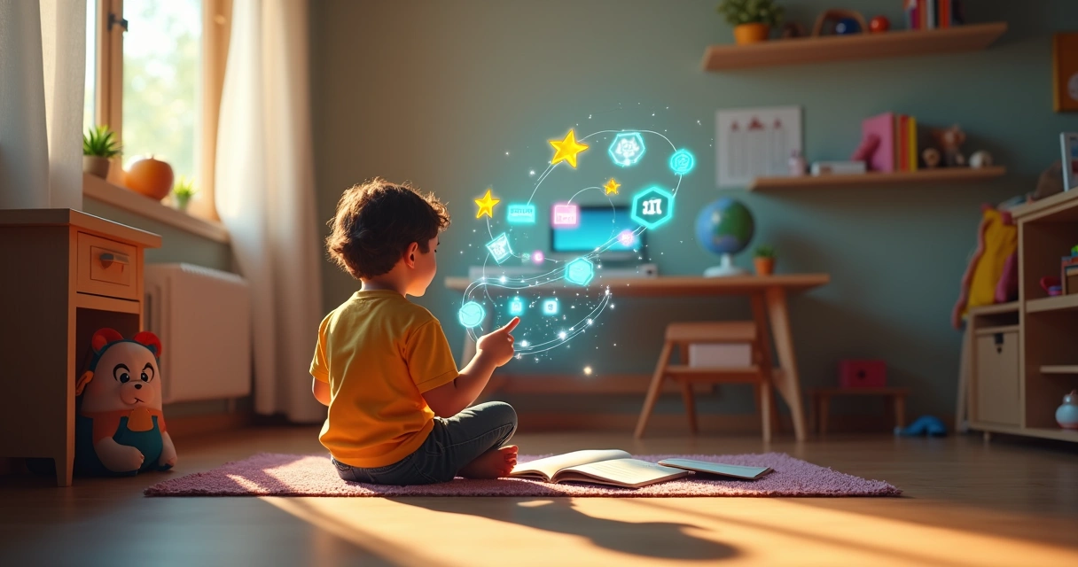 Criança de 8 anos em quarto estudando com projeções coloridas de aprendizado ao redor 