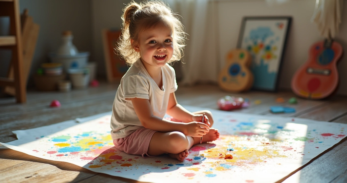 Menina pequena pintando com as mãos em uma folha grande 