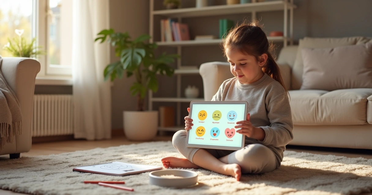 Criança usando tablet com ícones de emoções em tela colorida 